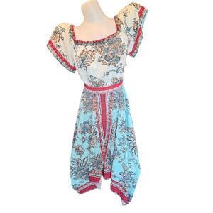 ♾️Flying Tomato Off Shoulder Smocked Handkerchief Hem Mini Dress Boho Paisley♾️